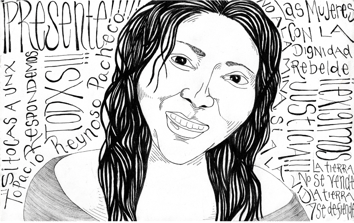 black and white drawing of Topacio Reynoso Pacheo, with long straight hair, smiling showing her teeth. 