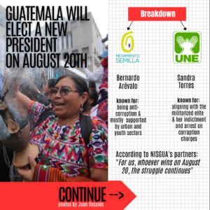 Image description an image of 1 Indigenous women and text that says 'Breakdown GUATEMALA WILL ELECT A NEW PRESIDENT ON AUGUST MOVIMIENTO SEMILLA UNE Bernardo évalo Sandra Torres known for: being anti- corruption & mostly supported by urban and youth sectors known for: aligning with the militarized elite & her indictment and arrest on corruption charges According to NISGUA'S partners: "For us, whoever wins on August 20, the struggle continues" CONTINUE photos by Juan Rosales'