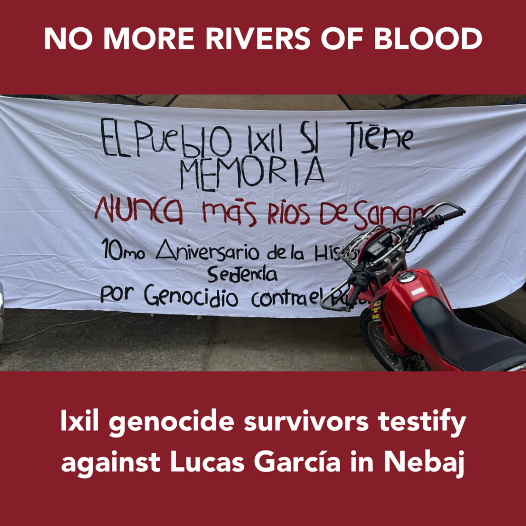 The title reads no more rivers of blood, refering to the white banner on the image that says the ixil people do have memory, there is also a red motorcycle