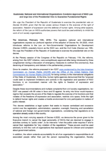 Screen shot of the pubic statement regarding the NGO Law in Guatemala.