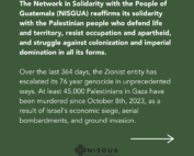 On a green background, white text reads: The Network in Solidarity with the People of Guatemala (NISGUA) reaffirms its solidarity with the Palestinian people who defend life and territory, resist occupation and apartheid, and struggle against colonization and imperial domination in all its forms. Over the last 364 days, the Zionist entity has escalated its 76 year genocide in unprecedented ways. At least 45,000 Palestinians in Gaza have been murdered since October 8th, 2023, as a result of Israel’s economic siege, aerial bombardments, and ground invasion.