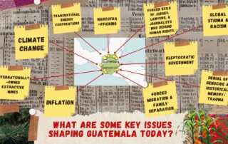 Image with a central question what are the main issues shaping Guatemala today? And post its with examples like climate change, inflation, internationally-owned extrativve mines