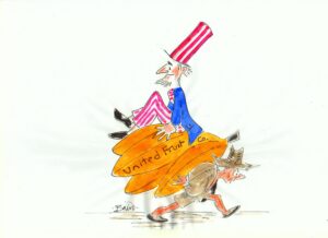 Una caricatura política que muestra a una figura con sombrero a rayas y abrigo azul sentada sobre un gran plátano naranja etiquetado como “United Fruit Co.”, mientras una figura más pequeña debajo sostiene o carga el peso.