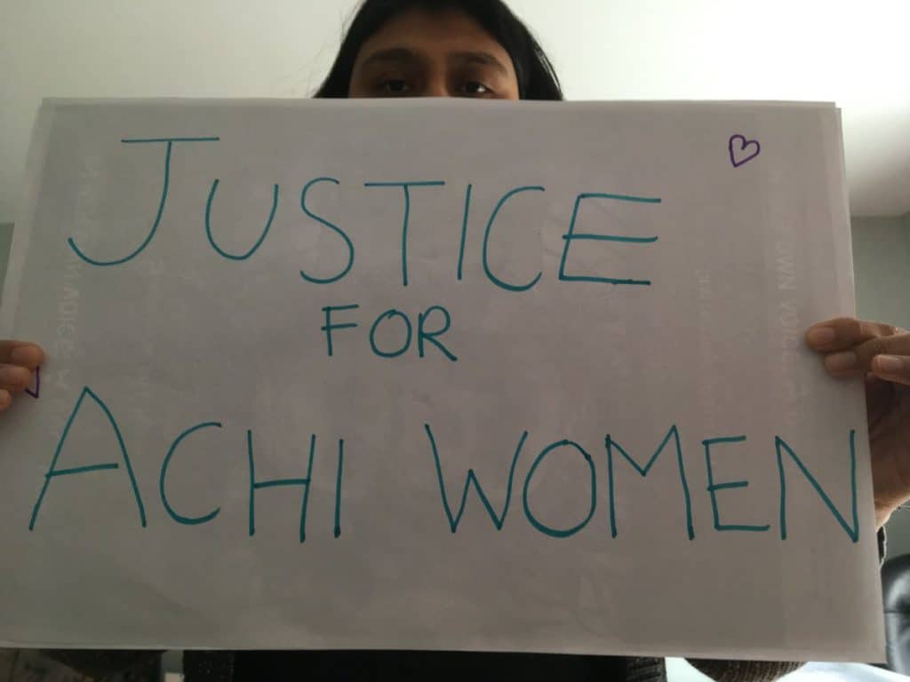 Canadian activist takes action to call for Justice for Achí Women. Photo Credit: Breaking the Silence Network