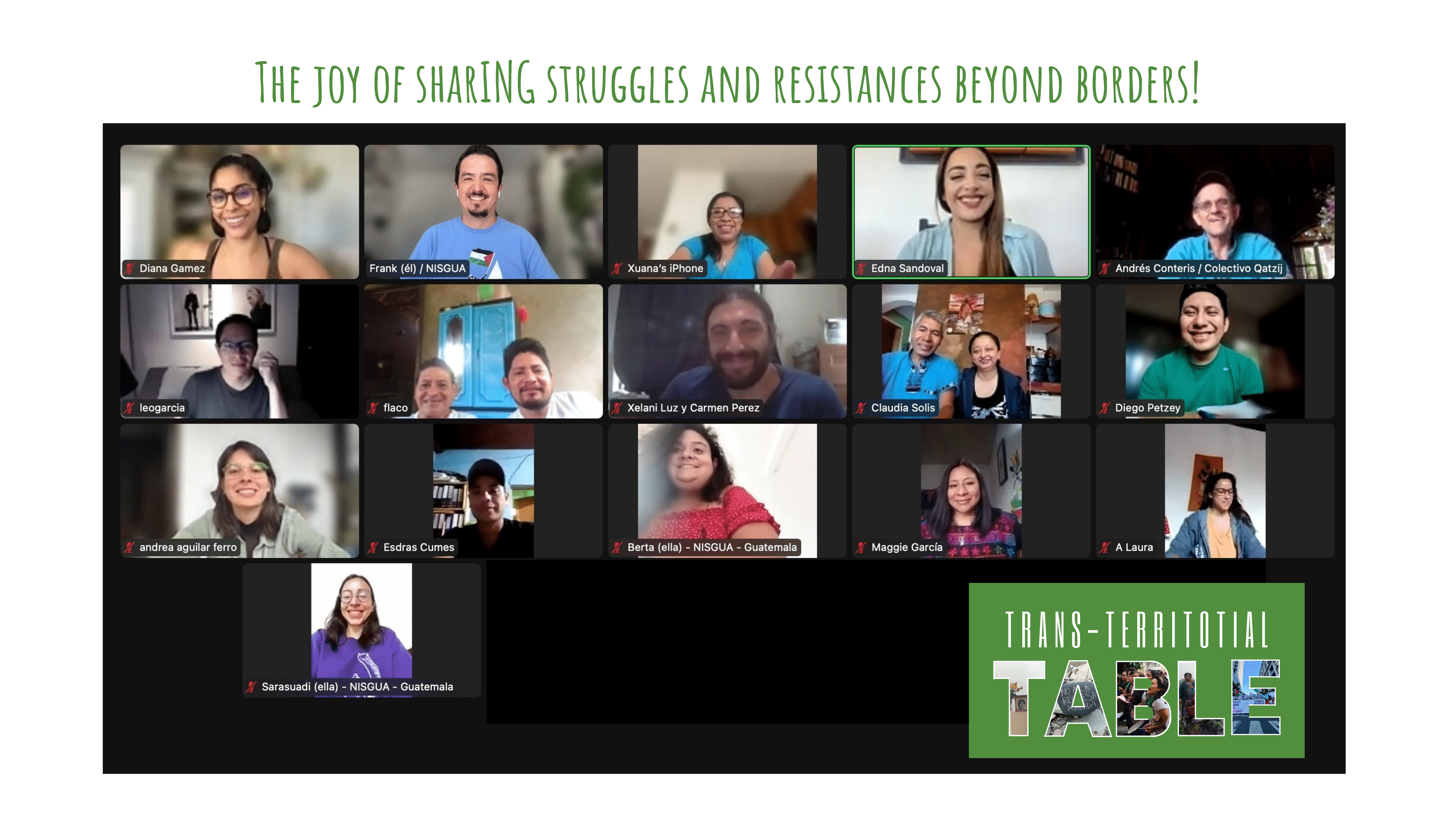 creenshot of a zoom meeting with 15 participants, 12 of them visible, all smiling to the screen. From left upper side the name that reads on screen, Diana Gámez, Frank (el) NISGUA, Xuana’s iPhone, Edna Sandoval, Andrés Contreris/Colectivo Qatzij, Leo Garcia, Flaco, Xelani Luz y Carmen Perez, Claudia Solis, Diego Petzey, andrea aguilar ferro, Esdras Cumez, Berta (ella) NISGUA, Maggie García, A Laura, Sarasuadi (ella) NISGUA, Soporte técnico NISGUA, Luis Anibal Araujo García, Administrador. 