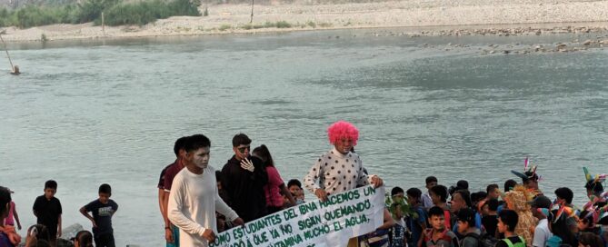 Gran grupo de aproximadamente 50 personas, principalmente niños y jóvenes, congregados en la orilla pedregosa de un río. Varias personas llevan disfraces coloridos, destacando una figura con peluca rosa brillante y camisa de lunares. Un grupo sostiene una pancarta blanca con texto en español. El paisaje muestra un río de aguas tranquilas, una playa de arena al otro lado, y al fondo colinas cubiertas de vegetación tropical envueltas en neblina matutina. Ramas de árboles enmarcan la parte superior de la imagen.