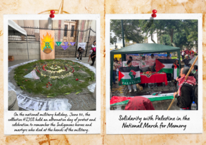 The altar is arranged in a circular formation. In the middle of the circle are floral arrangements, surrounded by green leaves fanning outwards, which are surrounded by papers showing faces of disappeared persons. In the back of the altar is a wooden board standing up, showing a painting of a figure in blue and green in orange and red flames. In the foreground is a man in a red keffiyeh speaking into a microphone. In the middle, on the ground that is wet from the rain, is a Palestine flag with a quetzal in the middle. In the background is a green tent under which stand six people holding flags stating “Free Palestine” and “If this is not genocide, then what is?”