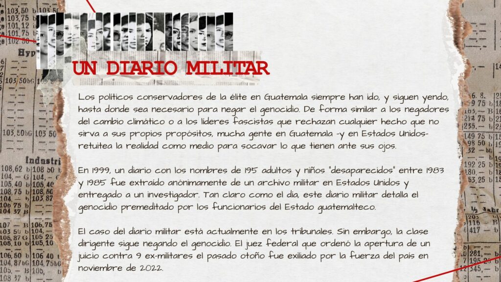 Arriba, imagenes en blanco y negro de mujeres desaparecidos por el Estado guatemalteco en el caso Diario Militar. Abajo info sobre el caso