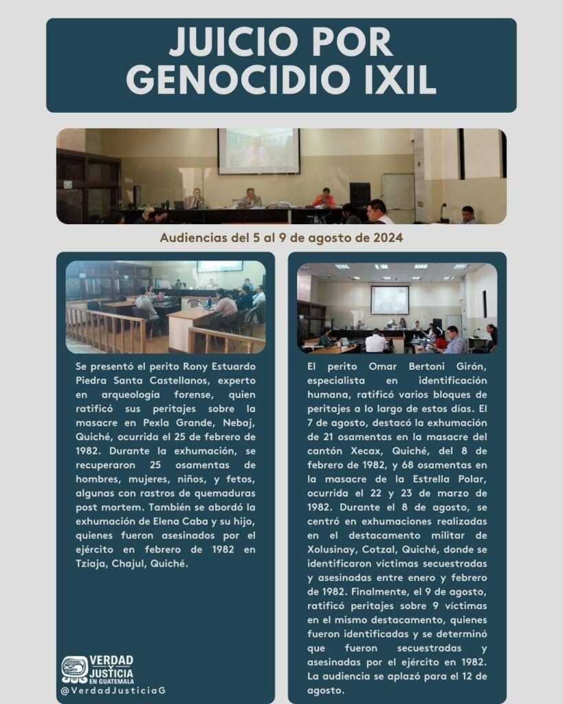 Boletin del caso por genocidio, arriba se observa una foto del tribunal. abajo hay dos columnas. En cada una hay una foto del perito testificando ante el tribunal y abajo el resumen elaborado por verdad y justicia // Boletin del caso por genocidio, arriba se observa una foto del tribunal. abajo hay dos columnas. En cada una hay una foto del perito testificando ante el tribunal y abajo el resumen elaborado por verdad y justicia