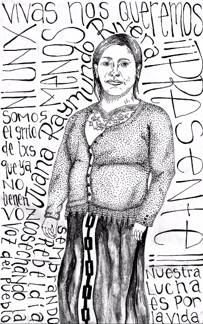Black and white drawing of Juana Raymundo Rivera, with short and straight hair, wearing a sweater and long skirt. 