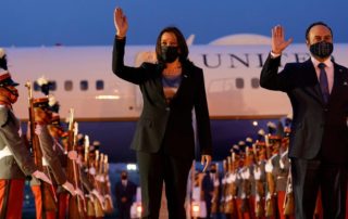 Harris and Guatemala's minister of foreign affairs, Pedro Brolo, at her arrival ceremony in Guatemala City on June 6 at Guatemalan Air Force Central Command. AP Photo/Jacquelyn Martin