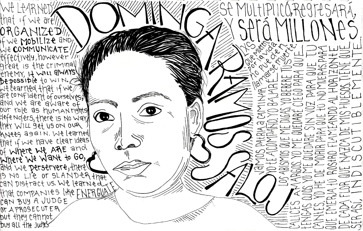 Black and white drawing of Dominga Ramos Saloj, with short hair and heart -hoop earrings. 