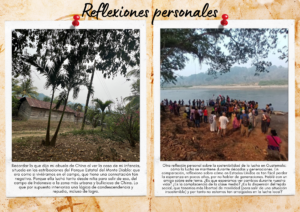 Al fondo se observa una casa de madera con techo de lámina oxidada. En primer plano hay algunos árboles y plantas de tierra café. En el fondo lejano se asoma una montaña. Foto lejana de un grupo de unas 60 personas reunidas en el Río Chixoy. El grupo está en primer plano con un gran árbol que se arquea sobre el grupo de la izquierda, el río está al fondo. El otro lado de la orilla está más atrás, incluyendo una orilla arenosa y muchos árboles. El disfraz más visible es una mariposa monarca pintada en la espalda de alguien. Cuatro personas están sobre zancos, una de las cuales lleva una peluca rosa.