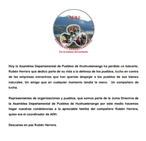 Un screenshot del comunicado por la ADH sobre el fallecimiento de Rubén.