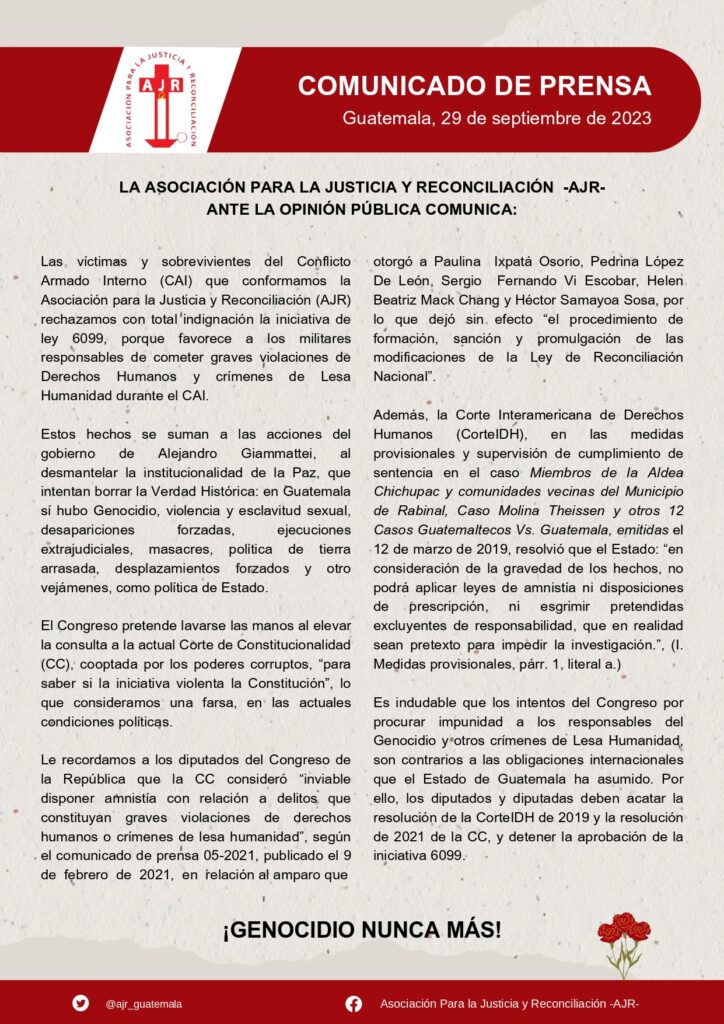 ENG] On a beige background the AJR logo at the left corner with a red frame, and the the statement in black letter. [ESP] En un fondo color beige,