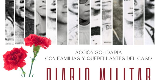 En un fondo blanco, se resaltan en franjas verticales 14 rostros de mujeres víctimas en el caso diario militar, en escala de grises. En la esquina izquierda se resalta un clave rojo y en letras negras se lee: “Acción solidaria con familias y querellantes del caso diario militar. Acompañan los hashtags #YoLesCreo a las #VictimasDiarioMilitar #CasoDiarioMilitar.