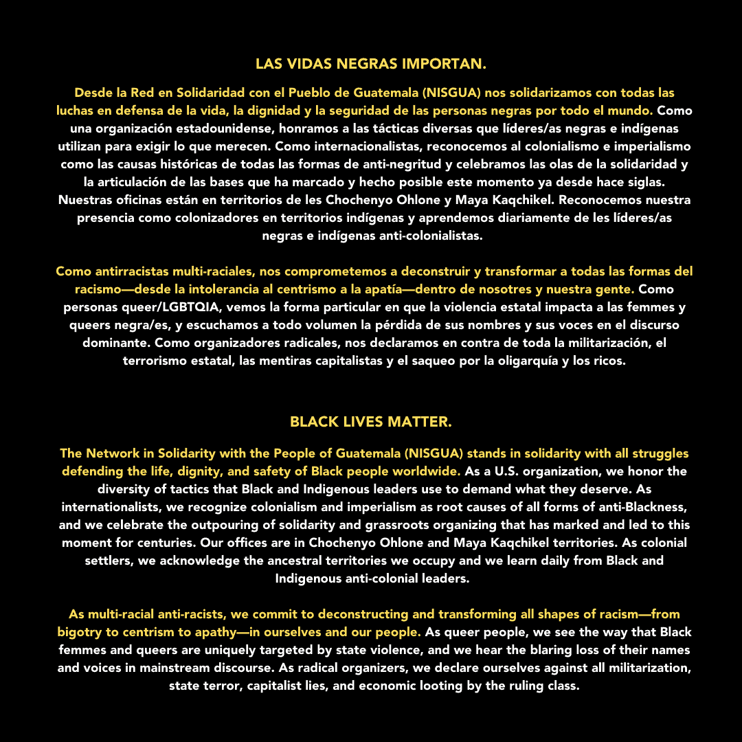 Graphic with NISGUA's statement on Black Lives Matter.