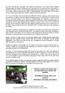 Two-page white document with black text. Page 1 has circular ADH logo at top left, large heading "ADH MARCHES ON - 19 years of struggle to defend our territory," body text in paragraphs, and one outdoor crowd photo. Page 2 continues with black text paragraphs, contains indoor meeting photo with green walls, and ends with boxed slogan text and signature line.