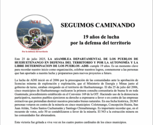 Two-page white document with black text. Page 1 has circular ADH logo at top left, large heading "ADH MARCHES ON - 19 years of struggle to defend our territory," body text in paragraphs, and one outdoor crowd photo. Page 2 continues with black text paragraphs, contains indoor meeting photo with green walls, and ends with boxed slogan text and signature line.