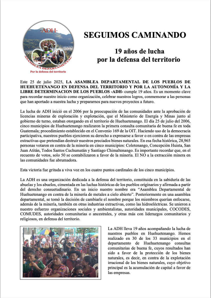 Two-page white document with black text. Page 1 has circular ADH logo at top left, large heading "ADH MARCHES ON - 19 years of struggle to defend our territory," body text in paragraphs, and one outdoor crowd photo. Page 2 continues with black text paragraphs, contains indoor meeting photo with green walls, and ends with boxed slogan text and signature line.