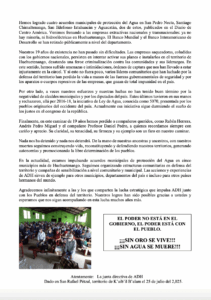 Two-page white document with black text. Page 1 has circular ADH logo at top left, large heading "ADH MARCHES ON - 19 years of struggle to defend our territory," body text in paragraphs, and one outdoor crowd photo. Page 2 continues with black text paragraphs, contains indoor meeting photo with green walls, and ends with boxed slogan text and signature line.