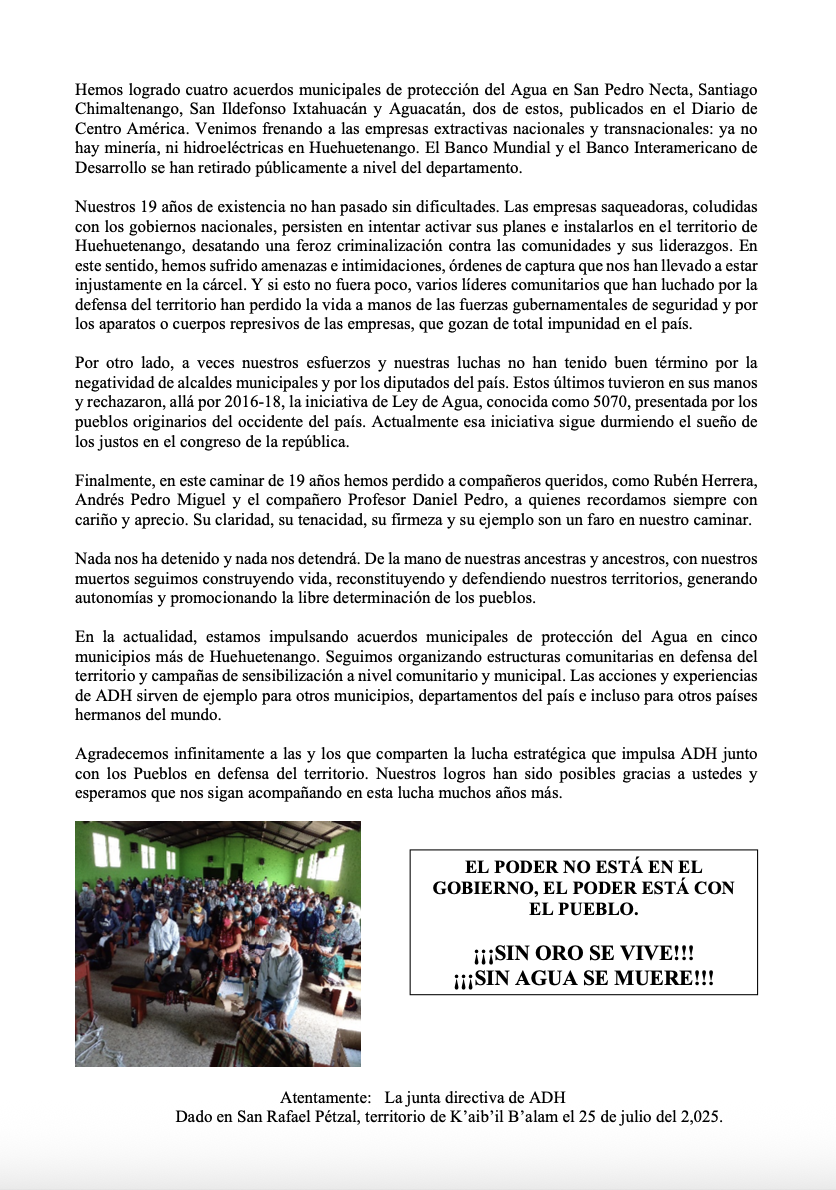 Two-page white document with black text. Page 1 has circular ADH logo at top left, large heading "ADH MARCHES ON - 19 years of struggle to defend our territory," body text in paragraphs, and one outdoor crowd photo. Page 2 continues with black text paragraphs, contains indoor meeting photo with green walls, and ends with boxed slogan text and signature line.