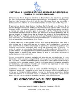 Comunicado de CALDH frente a la Captura del ex-general Luis Enrique Mendoza, acusado por genocidio.