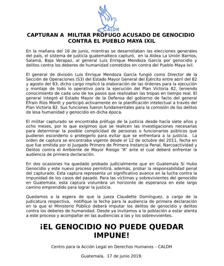 Comunicado de CALDH frente a la Captura del ex-general Luis Enrique Mendoza, acusado por genocidio.