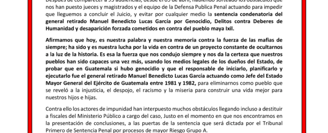 Sobre fondo blanco hay un borde rectangular rojo que rodea el texto negro. Las primeras líneas son el título de la declaración con los logotipos de AJR y ODHAG, seguidos de la declaración.