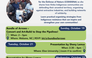 Flyer in english, in blue and green colors. Dates and locations for different events are listed.