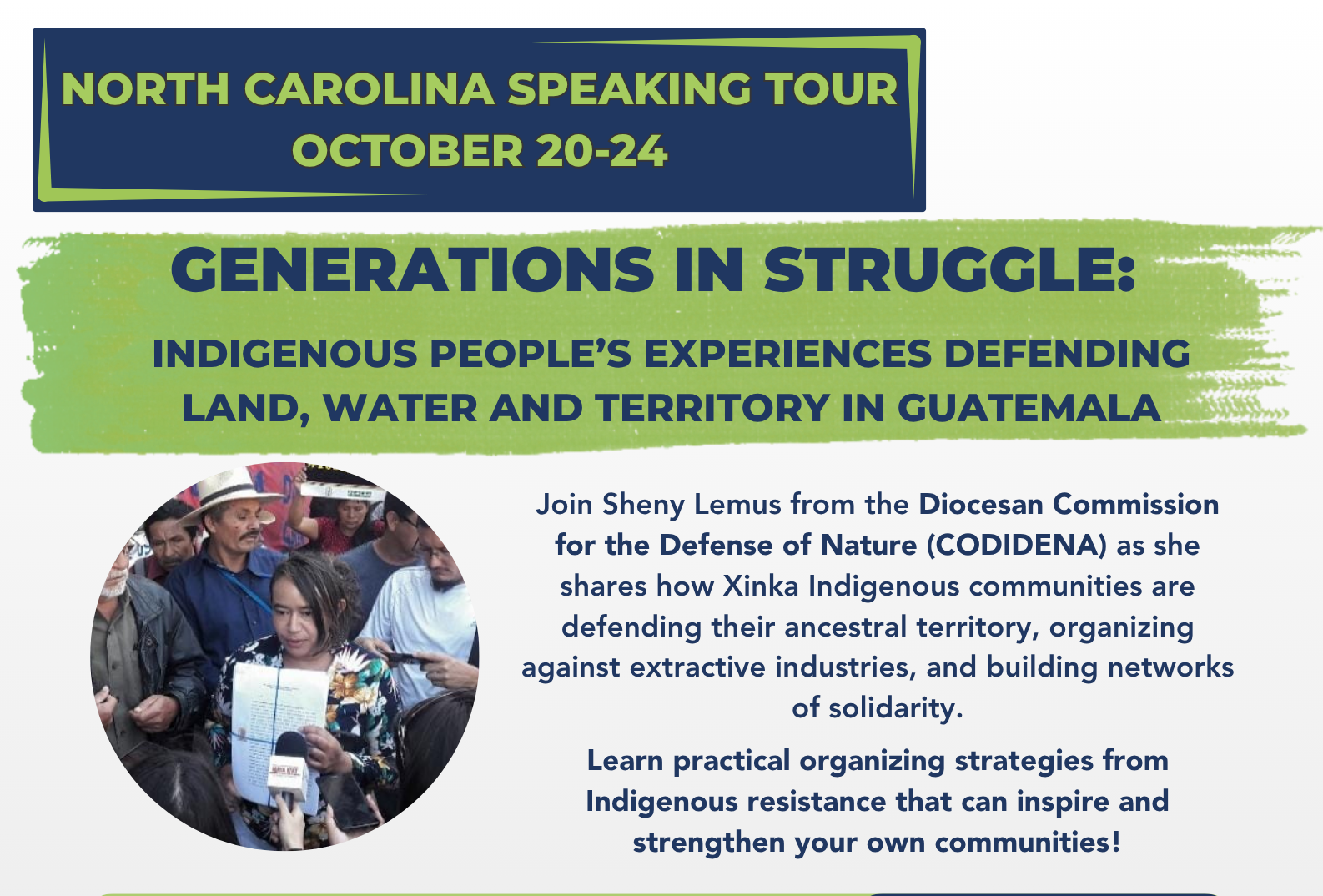 Flyer in english, in blue and green colors. Dates and locations for different events are listed.