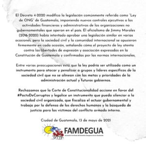 Flyer of a statement against the so- called NGO law. In the center of the image below, there is famdegua logo, a sun with 2 blue birds and several red flowers in the ground