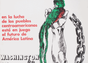 Flyer commemorating the first national conference of solidarity with the people of Guatemala. Text reads: En la lucha de los pueblos centroamericanos está en juego el futuro de América Latina. Washington DC Aug. 2-3 1980. A draw of a quetzal, the national bird of Guatemala laying on a hand who barely liberate from its chains.