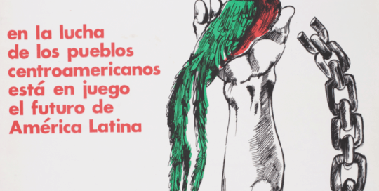 Flyer commemorating the first national conference of solidarity with the people of Guatemala. Text reads: En la lucha de los pueblos centroamericanos está en juego el futuro de América Latina. Washington DC Aug. 2-3 1980. A draw of a quetzal, the national bird of Guatemala laying on a hand who barely liberate from its chains.
