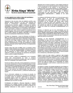 A white background with black text organized in two columns. At the top left, there is a brown oval with four colored arrows extending from it (the emblem of the Xinka People)