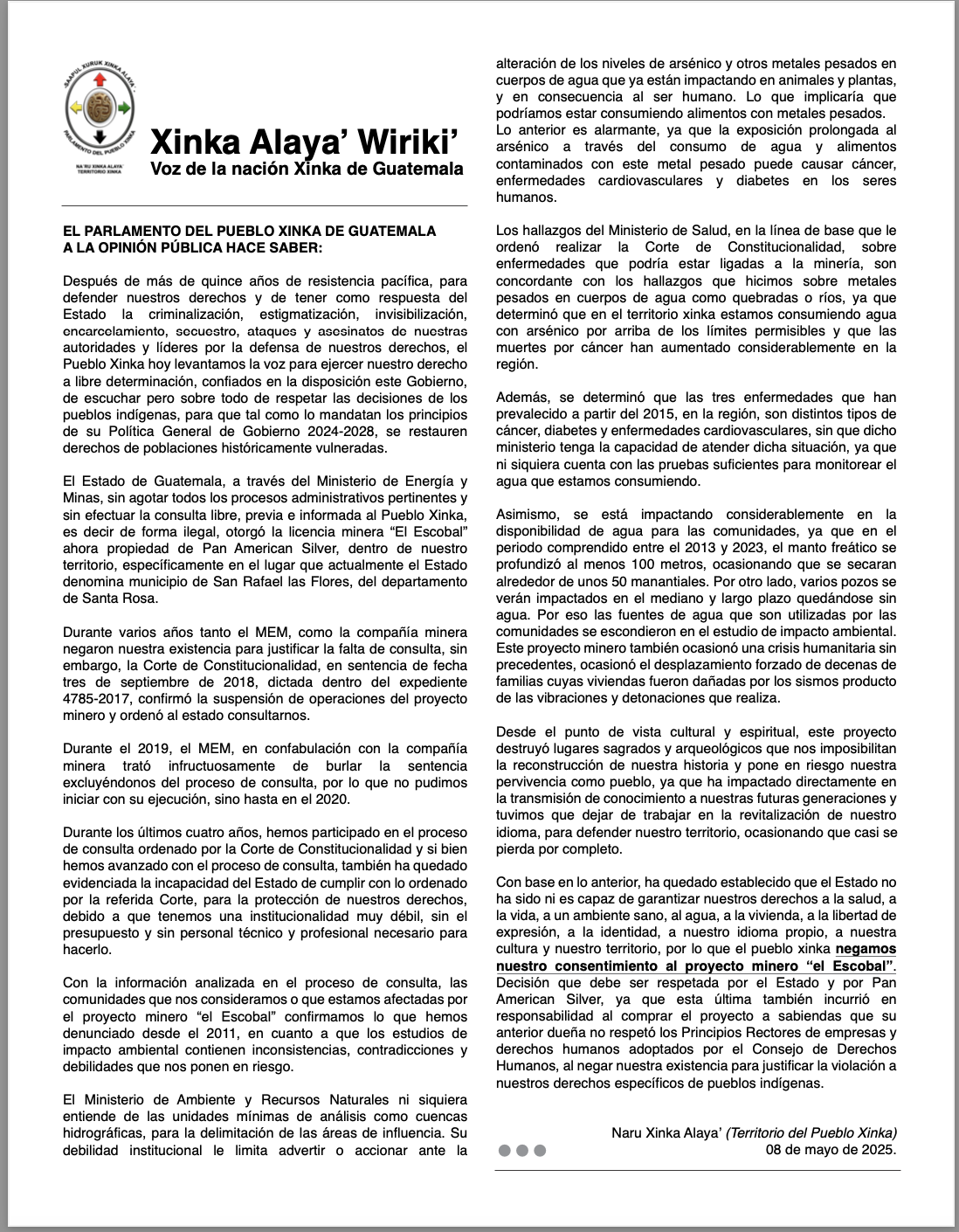 A white background with black text organized in two columns. At the top left, there is a brown oval with four colored arrows extending from it (the emblem of the Xinka People)