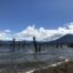 A view of Santiago Volcano from Atitlan lake, across the water some sticks covered by the water