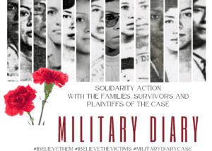 On a white background, 14 faces of women victims in the military diary case are highlighted in vertical stripes, in grayscale. A red carnation is highlighted in the left corner and in black letters reads: "Solidarity action with families and plaintiffs of the military diary case. Accompanying the hashtags #IBeliveThem #IBeliveTheVictimsr #MilitaryDiaryCase