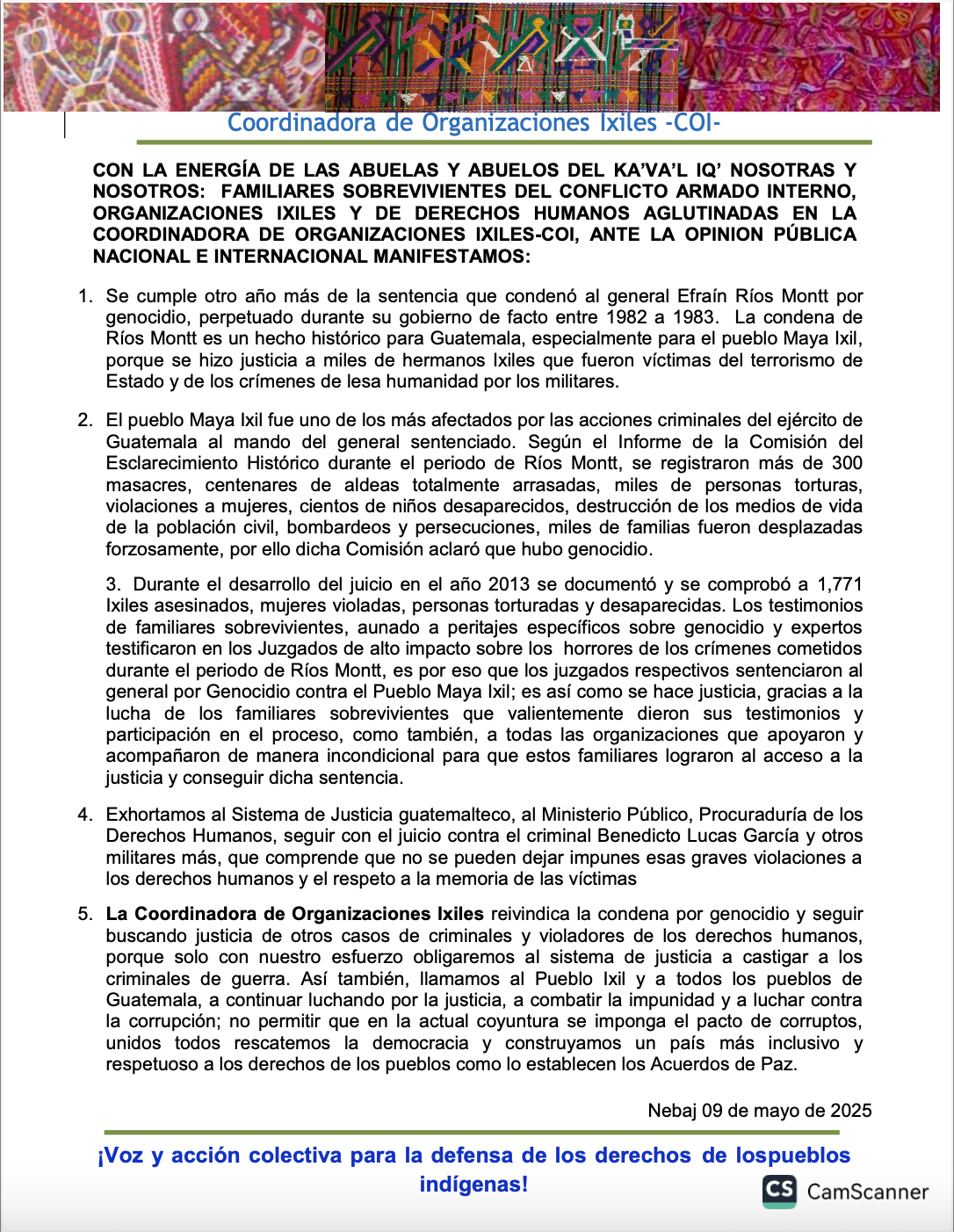White background with black text organize in 1 column. At the top of the image, a band of traditional Guatemalan weaving patterns.