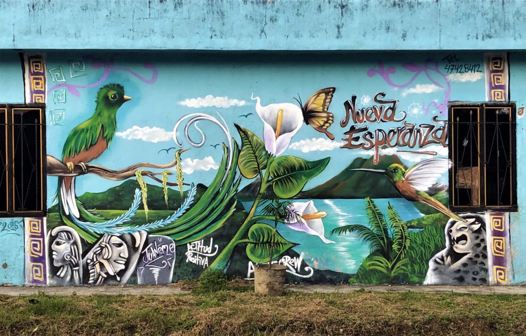 Colorful mural: painted image with a green bird, white calalily, and butterfly in front of image of lake and volcano. Reads: Nueva Esperanza.