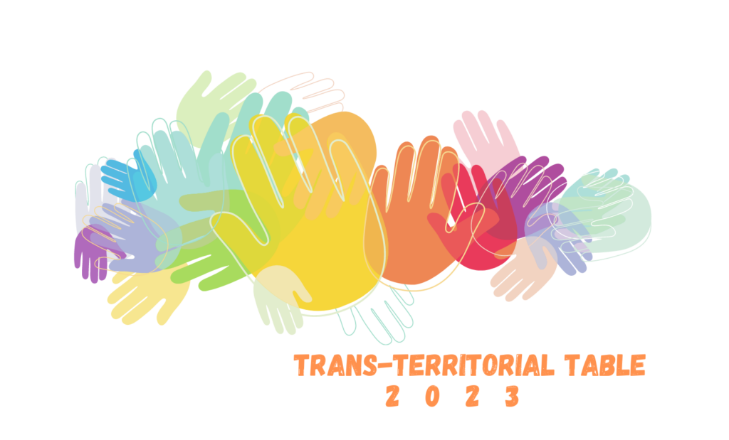White backgrounds with colorful hands collage at a left corner in orange letters Trans-Territorial Table