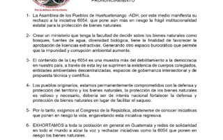 On a white background, The Assembly of the Peoples of Huehuetenango -ADH, hereby declares its rejection of initiative 6054