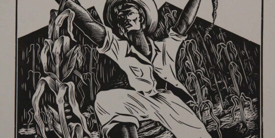 Image from an old poster that reads: “Una Realidad. Ley de Reforma Agraria” (A Reality: Agrarian Reform Law). There is a black and white image of an individual standing with arms raised in front of a field of corn. // Imagen de un viejo cartel que dice: “Una Realidad. Ley de Reforma Agraria”. Hay una imagen en blanco y negro de un individuo de pie con los brazos levantados frente a un campo de maíz.