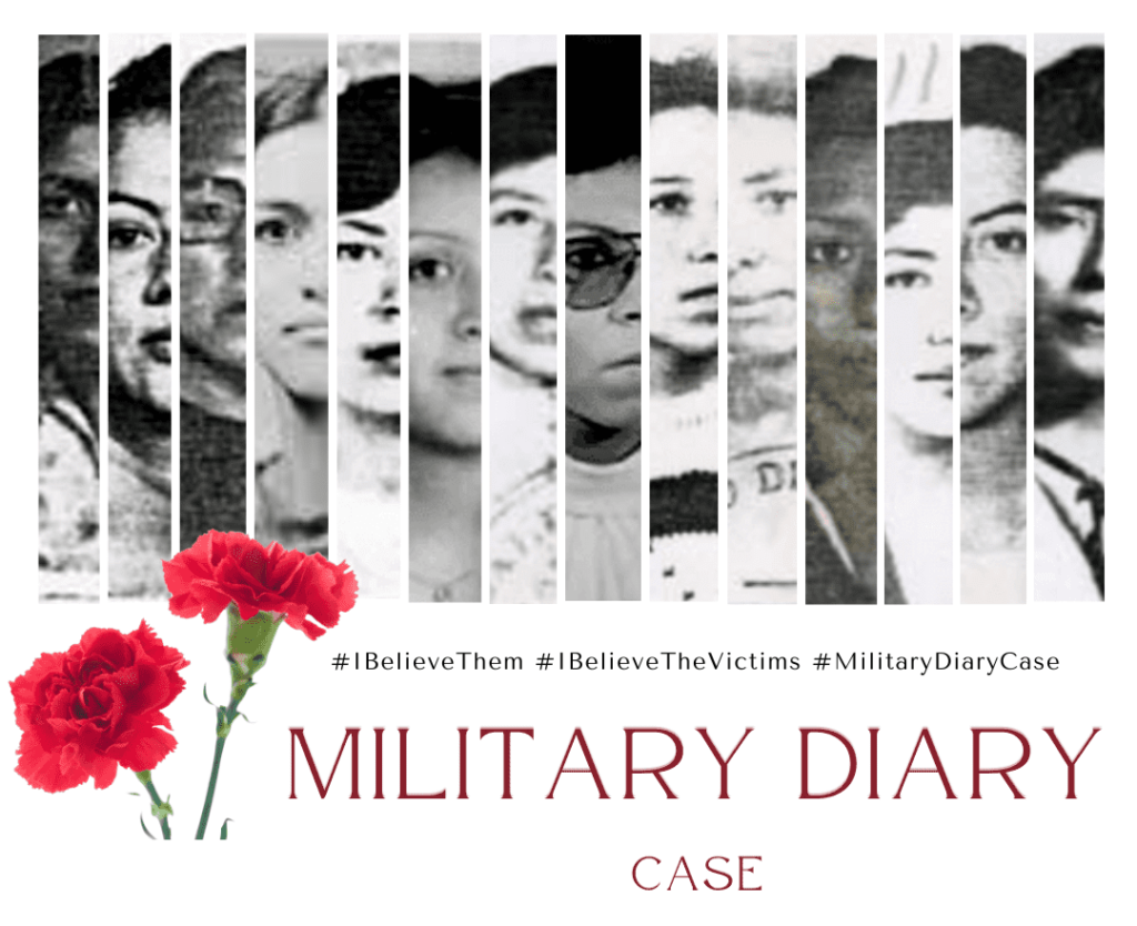 On a white background, 14 faces of women victims in the military diary case are highlighted in vertical stripes, in grayscale. A red carnation is highlighted in the left corner and in black letters reads: military diary case. Accompanying the hashtags #IBeliveThem #IBeliveTheVictimsr #MilitaryDiaryCase.