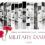 On a white background, 14 faces of women victims in the military diary case are highlighted in vertical stripes, in grayscale. A red carnation is highlighted in the left corner and in black letters reads: military diary case. Accompanying the hashtags #IBeliveThem #IBeliveTheVictimsr #MilitaryDiaryCase.