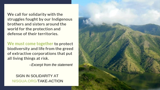 An image of Guatemalan mountains with a text box over. The text reads: "We call for solidarity with the struggles fought by our Indigenous brothers and sisters around the world for the protection and defense of their territories. We must come together to protect biodiversity and life from the greed of extractive corporations that put all living things at risk. --Excerpt from the statement. SIGN IN SOLIDARITY AT NISGUA.ORG/TAKE-ACTION"