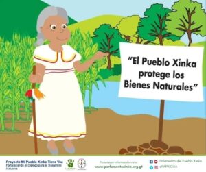 A cartoon graphic featuring an elderly woman in a white dress who is holding an ancrestral leadership staff of the Xinka people. A sign next to her reads "The Xinka People protect natural resources"