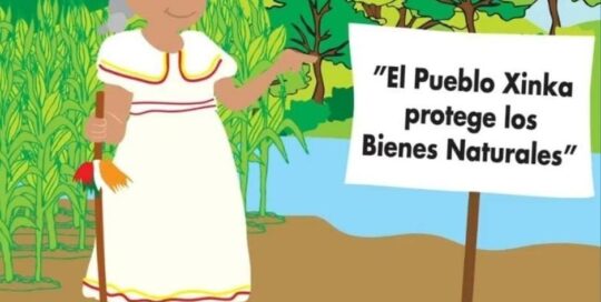 A cartoon graphic featuring an elderly woman in a white dress who is holding an ancrestral leadership staff of the Xinka people. A sign next to her reads "The Xinka People protect natural resources"