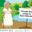 A cartoon graphic featuring an elderly woman in a white dress who is holding an ancrestral leadership staff of the Xinka people. A sign next to her reads "The Xinka People protect natural resources"