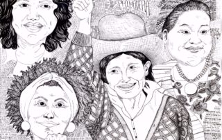 Berta Caceres, Marielle Franco, Rigoberta Menchu and Maxima Acuña are depicted in a black and white drawing with political words as a background